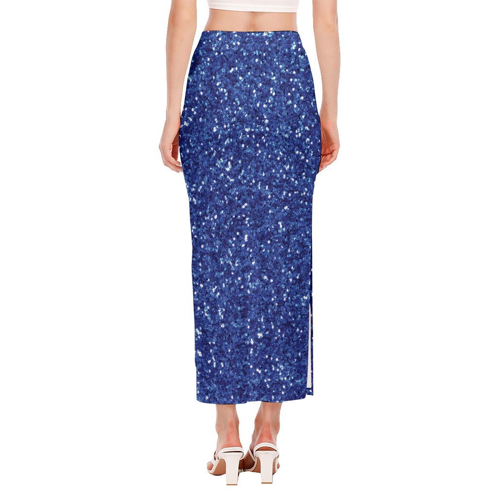 Blue (NOT Real) Glitter Print Side Slit Maxi Skirt