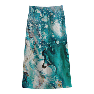 Blue Ocean Acid Melt Print Cotton Front Slit Maxi Skirt