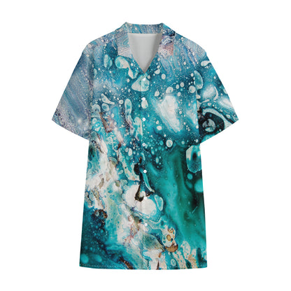 Blue Ocean Acid Melt Print Cotton Hawaiian Shirt
