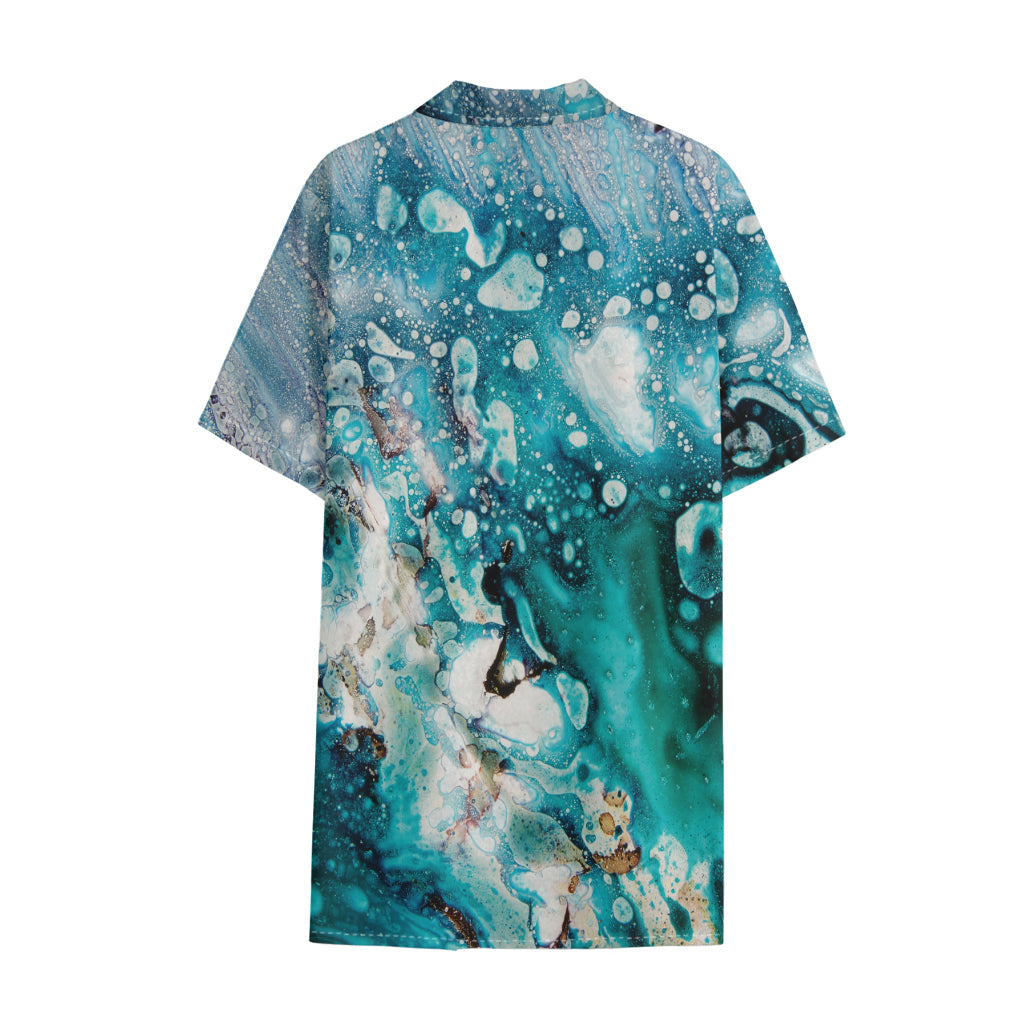 Blue Ocean Acid Melt Print Cotton Hawaiian Shirt