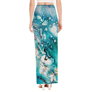 Blue Ocean Acid Melt Print High Slit Maxi Skirt