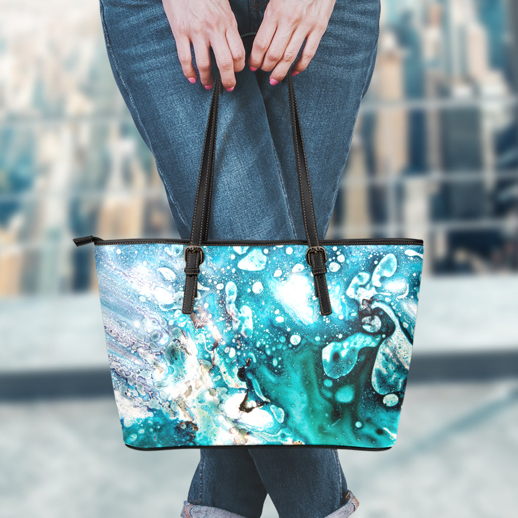 Blue Ocean Acid Melt Print Leather Tote Bag