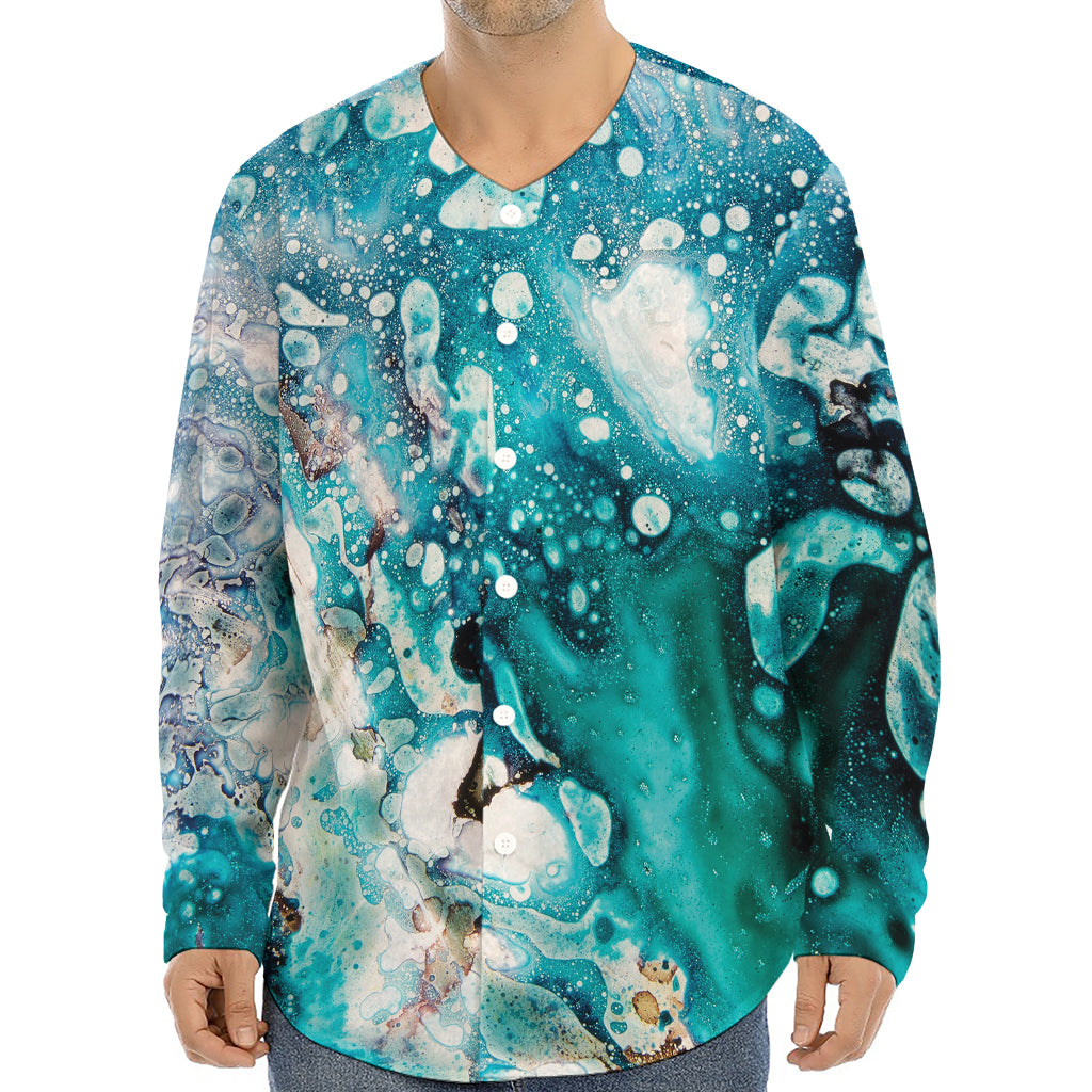 Blue Ocean Acid Melt Print Long Sleeve Baseball Jersey