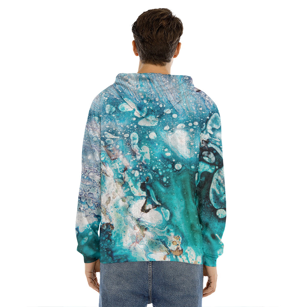 Blue Ocean Acid Melt Print Men's Velvet Pullover Hoodie