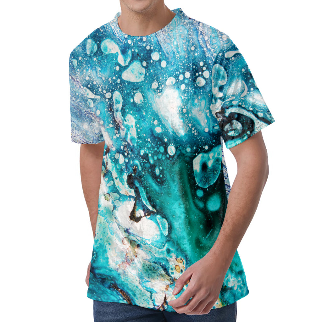 Blue Ocean Acid Melt Print Men's Velvet T-Shirt