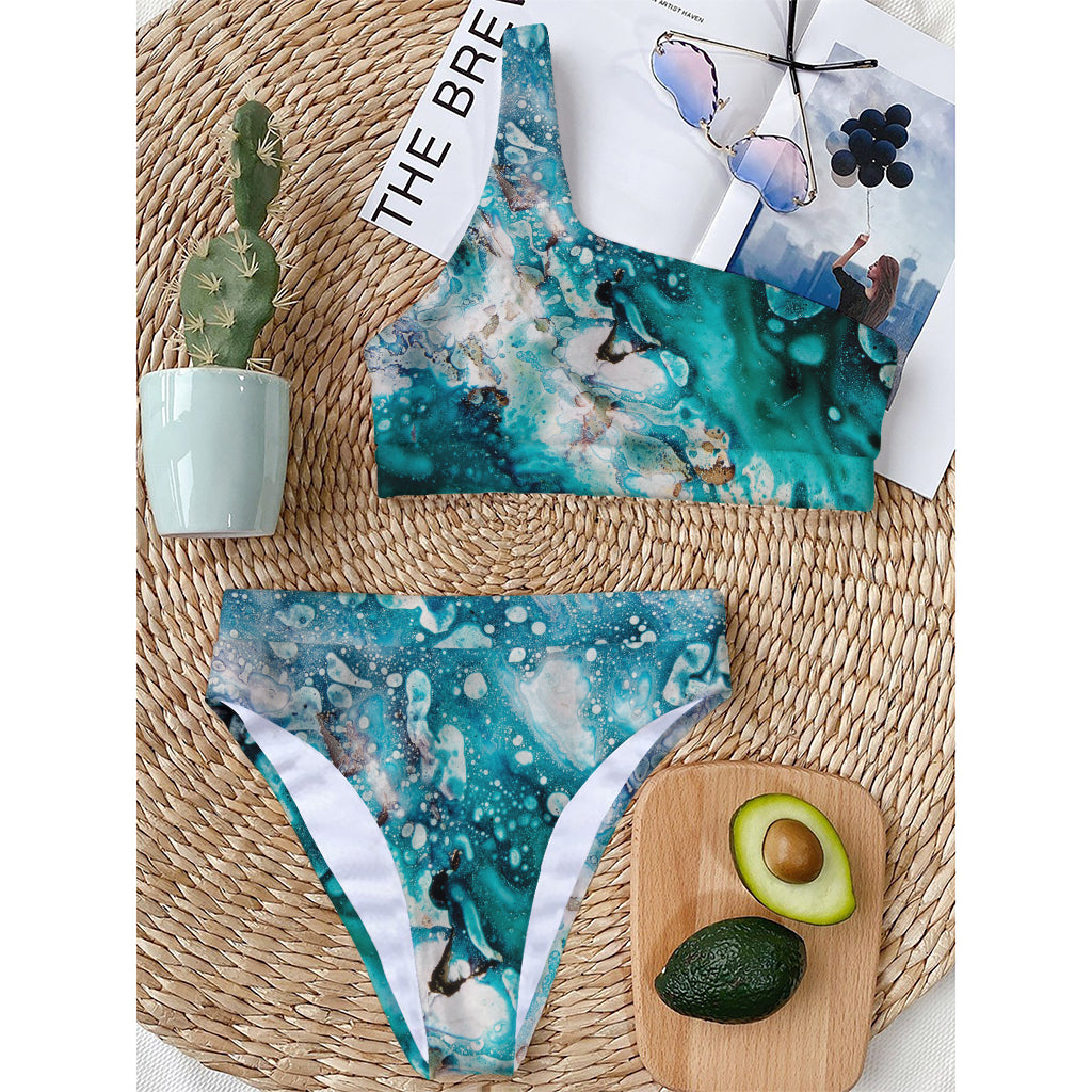 Blue Ocean Acid Melt Print One Shoulder Bikini Top