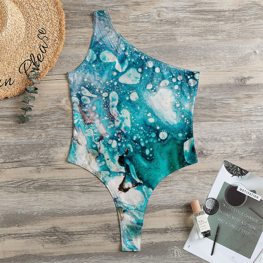 Blue Ocean Acid Melt Print One Shoulder Bodysuit