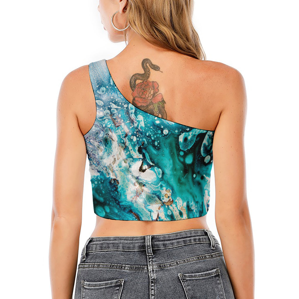 Blue Ocean Acid Melt Print One Shoulder Crop Top