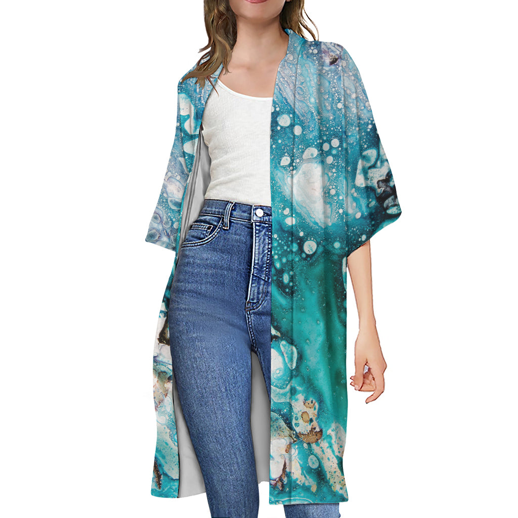 Blue Ocean Acid Melt Print Open Front Beach Cover Up