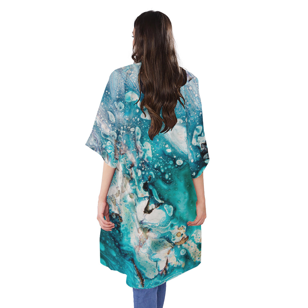 Blue Ocean Acid Melt Print Open Front Beach Cover Up