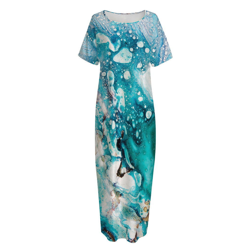 Blue Ocean Acid Melt Print Short Sleeve Long Nightdress