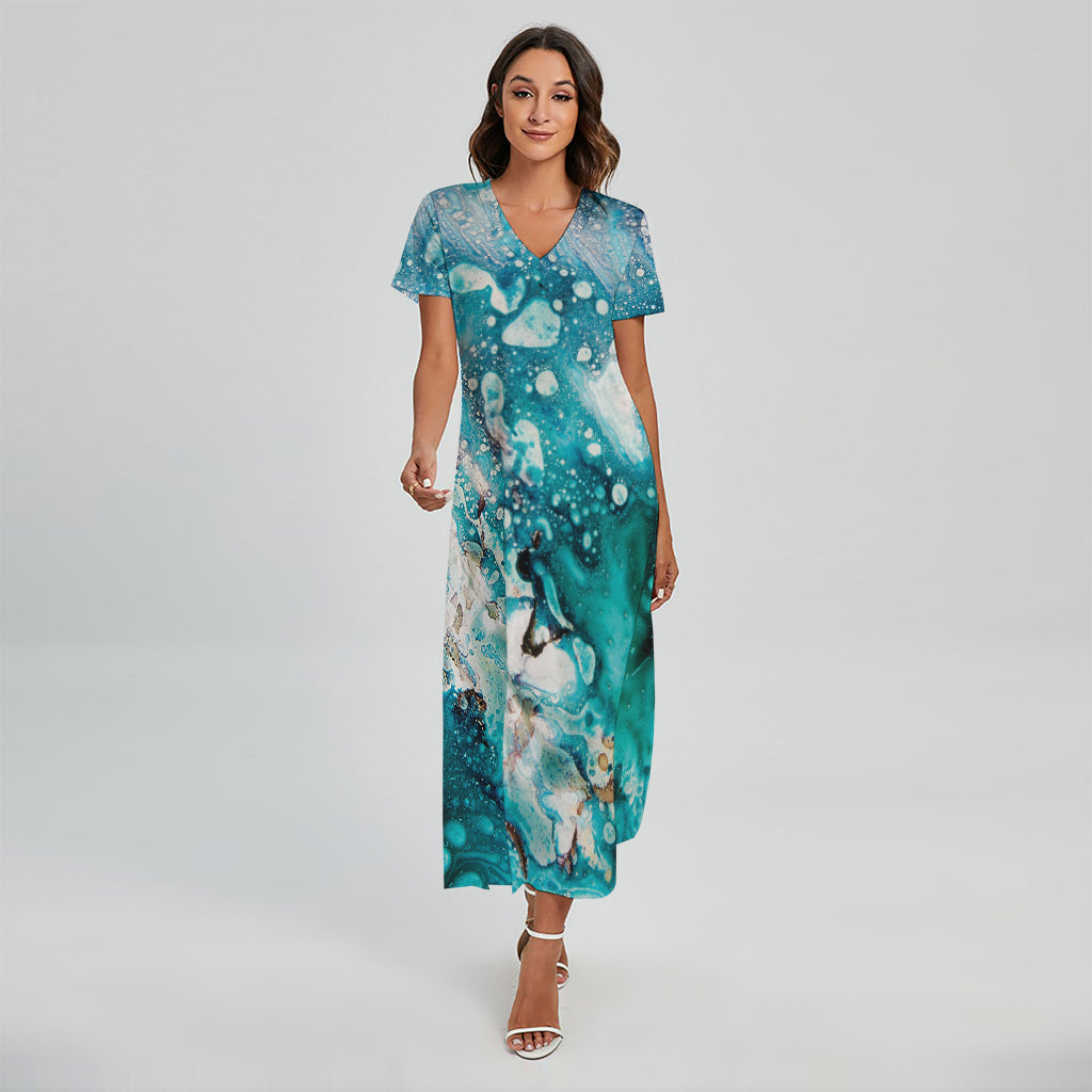 Blue Ocean Acid Melt Print Short Sleeve Maxi Dress