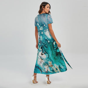 Blue Ocean Acid Melt Print Short Sleeve Maxi Dress