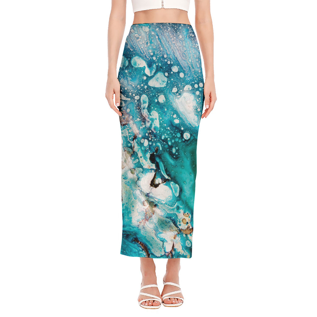 Blue Ocean Acid Melt Print Side Slit Maxi Skirt