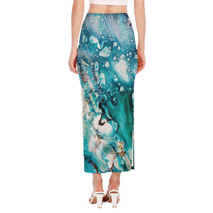 Blue Ocean Acid Melt Print Side Slit Maxi Skirt