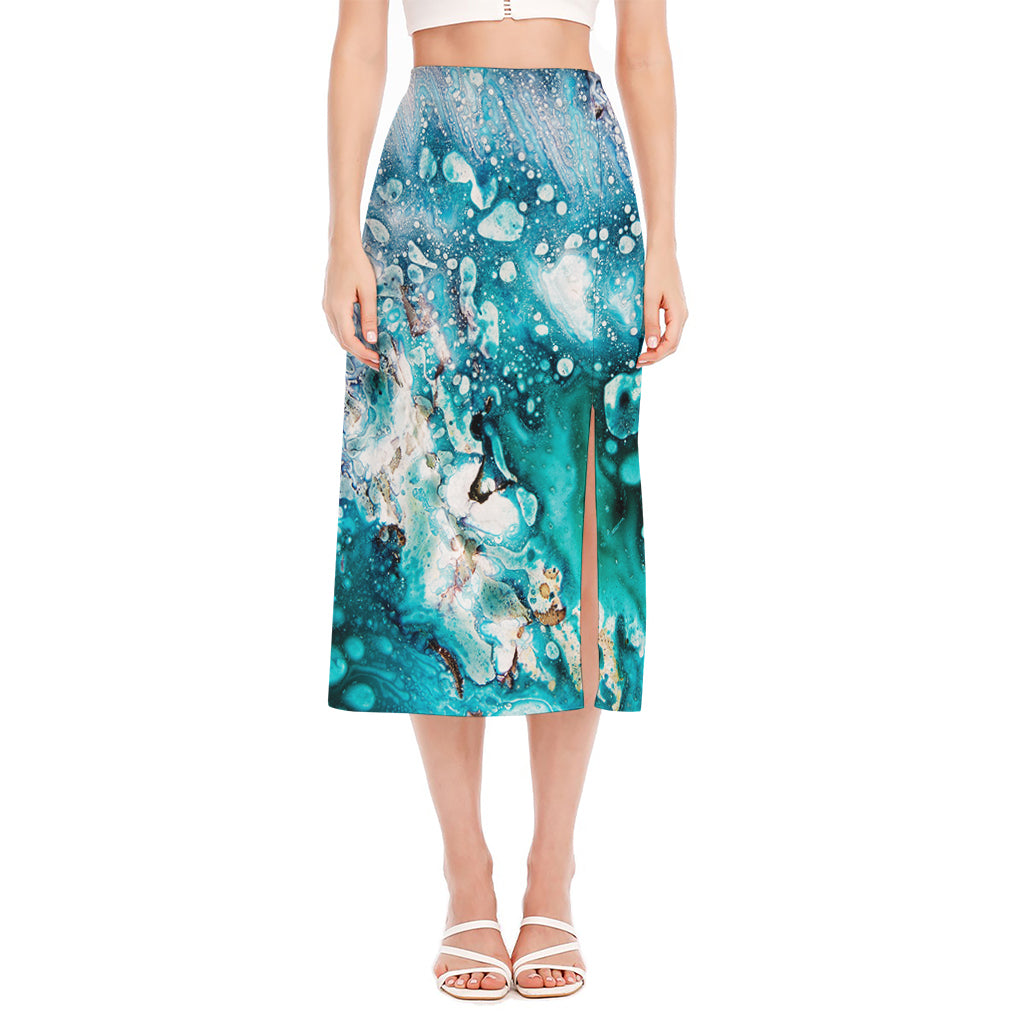 Blue Ocean Acid Melt Print Side Slit Midi Skirt