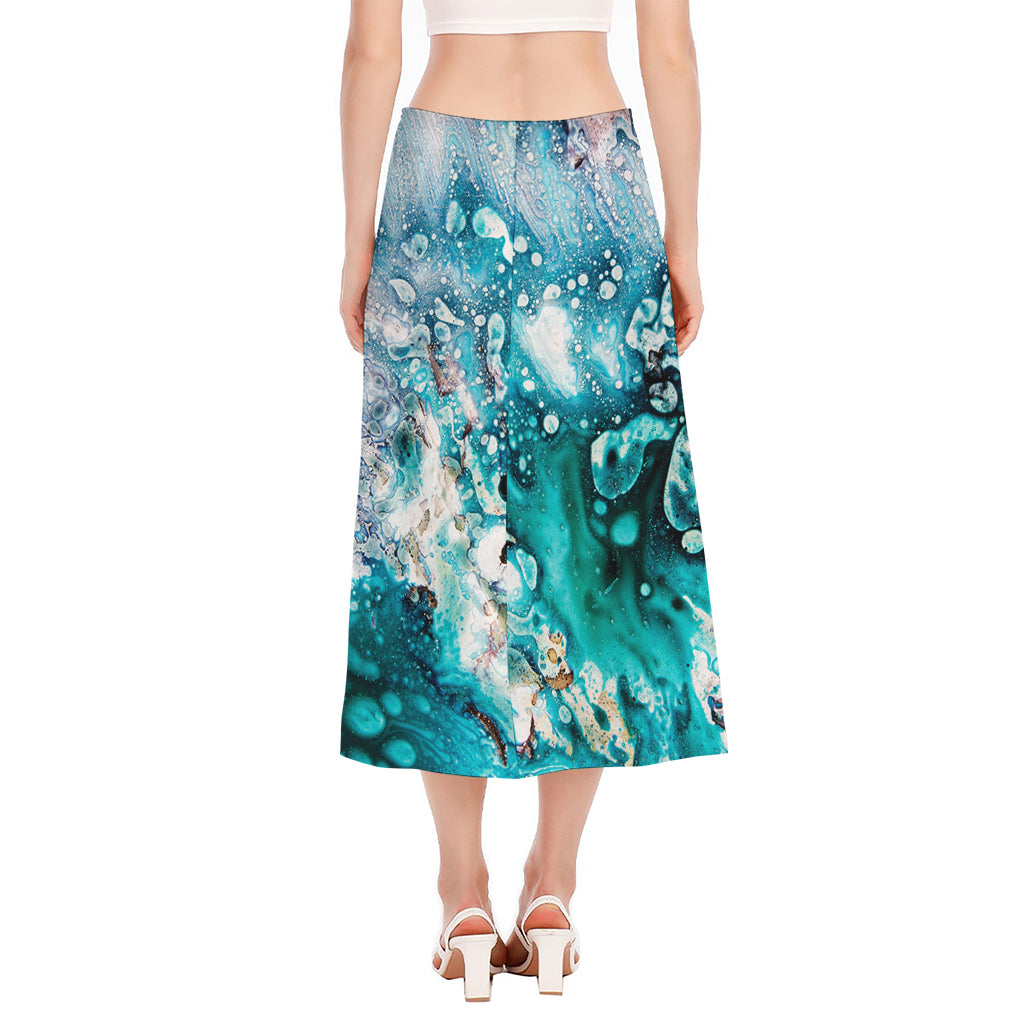 Blue Ocean Acid Melt Print Side Slit Midi Skirt