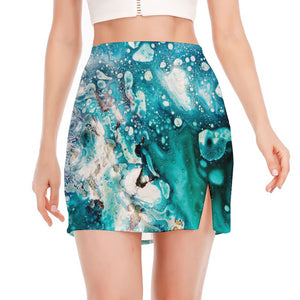 Blue Ocean Acid Melt Print Side Slit Mini Skirt