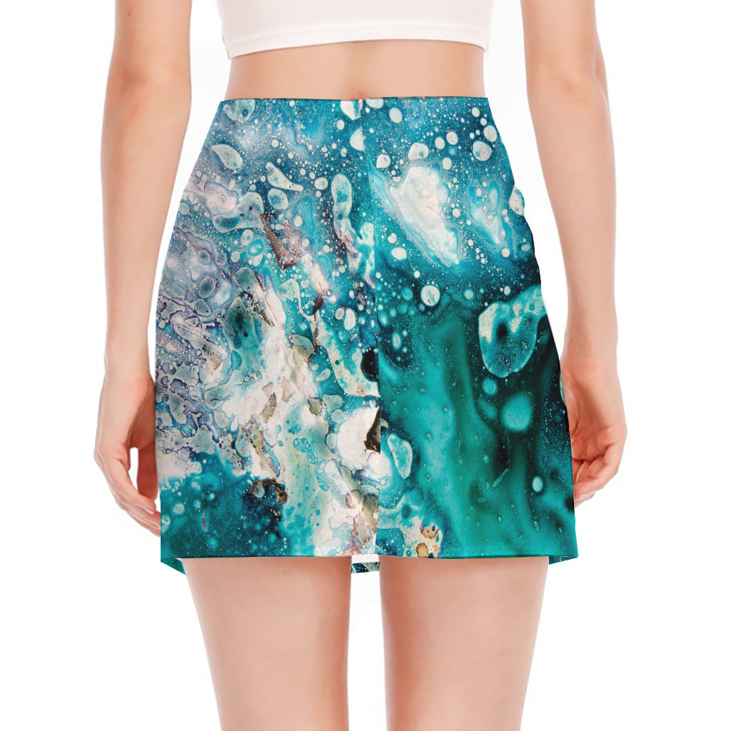 Blue Ocean Acid Melt Print Side Slit Mini Skirt