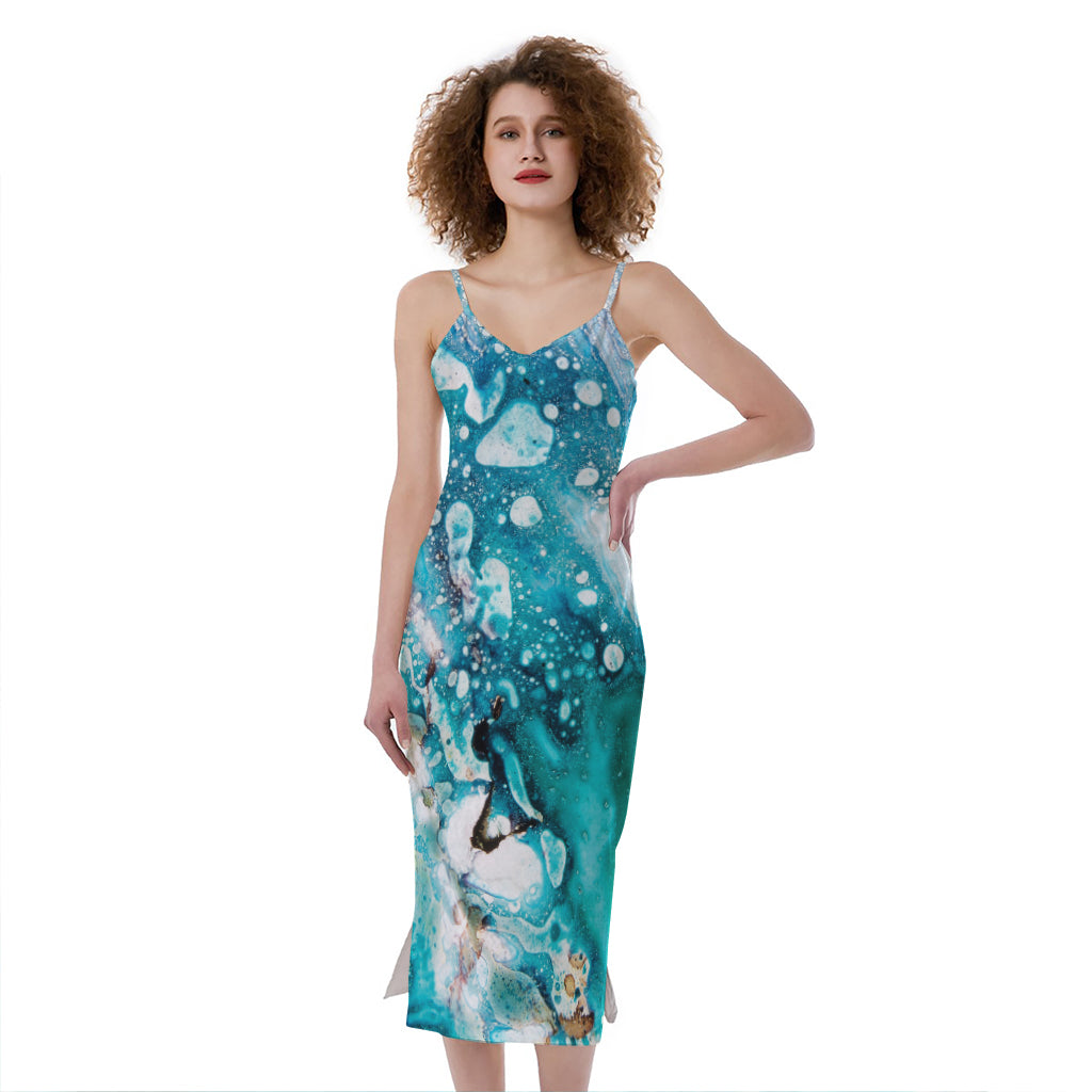 Blue Ocean Acid Melt Print Slim Fit Midi Cami Dress