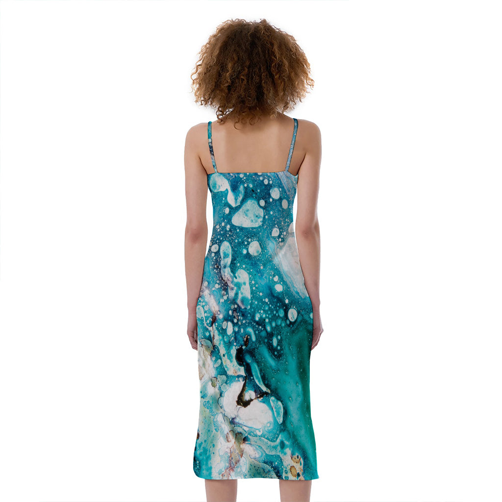 Blue Ocean Acid Melt Print Slim Fit Midi Cami Dress