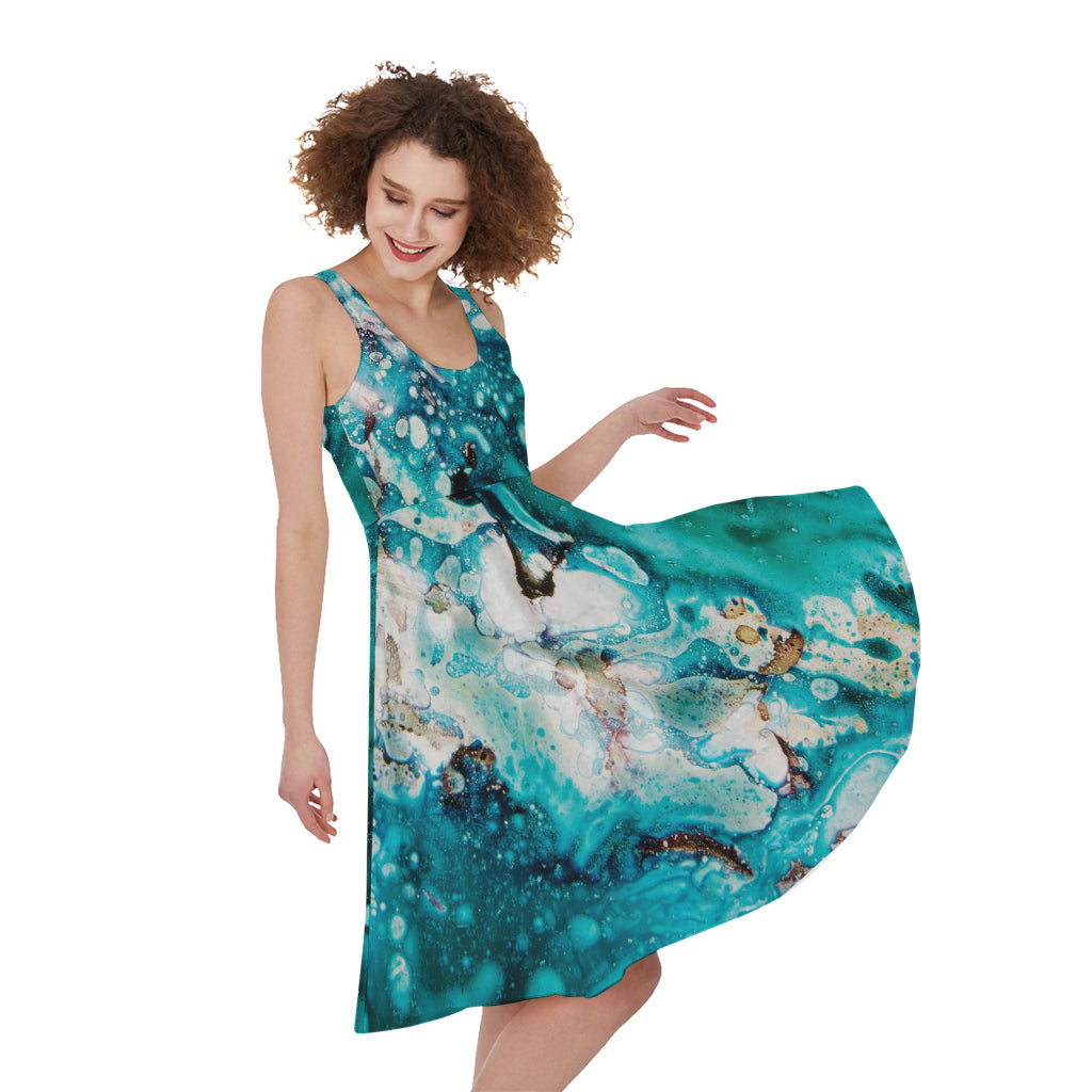 Blue Ocean Acid Melt Print Women's Sleeveless Dress