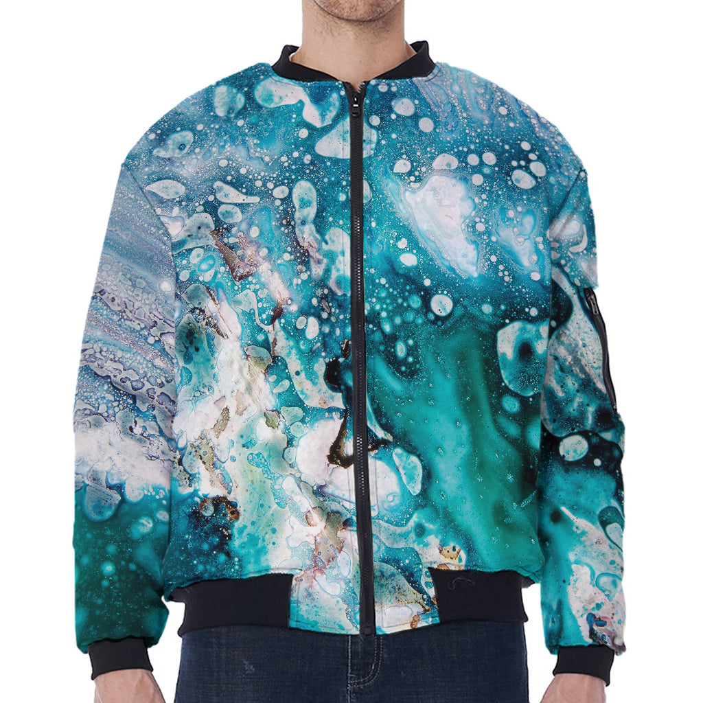 Blue Ocean Acid Melt Print Zip Sleeve Bomber Jacket