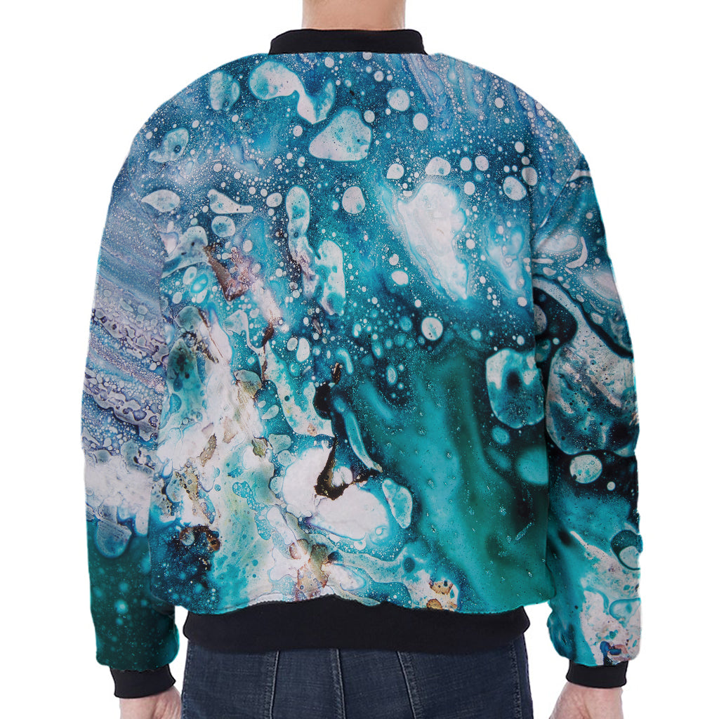 Blue Ocean Acid Melt Print Zip Sleeve Bomber Jacket