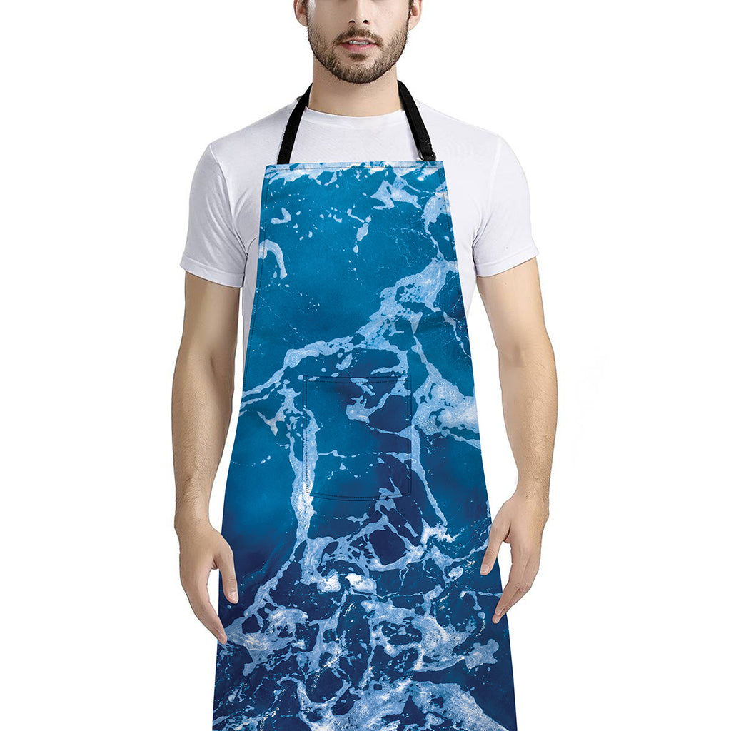 Blue Ocean Print Bib Apron With Pocket