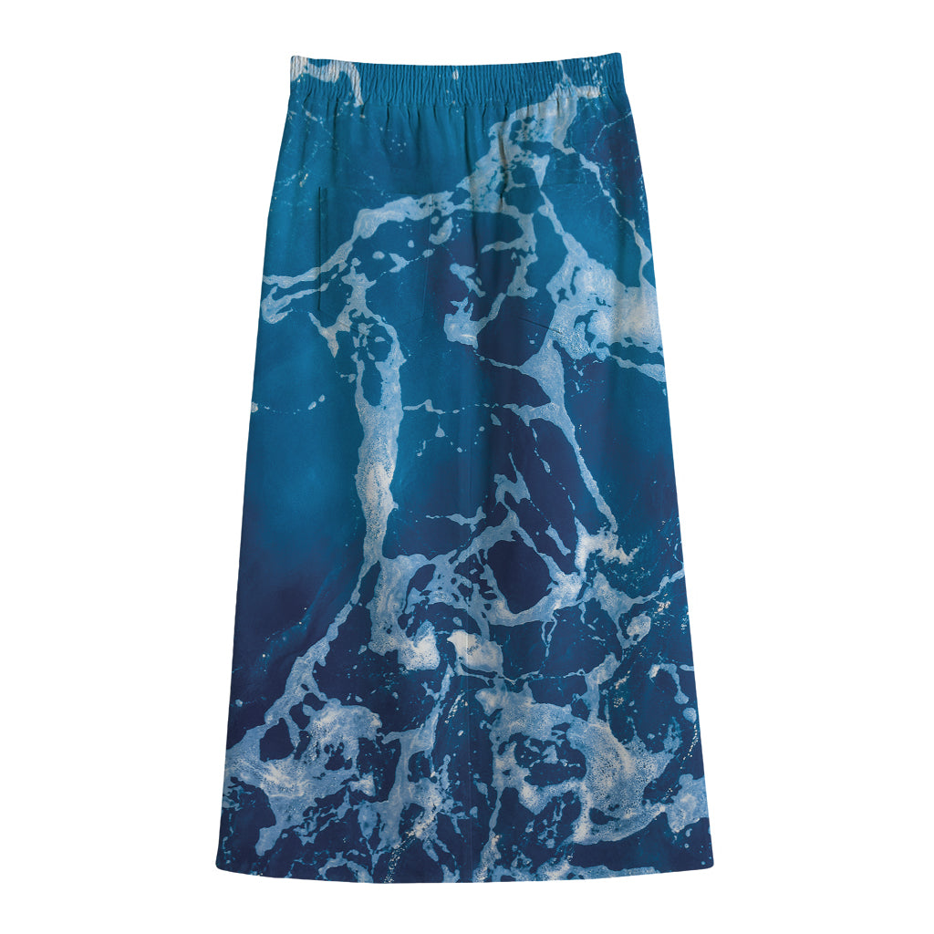 Blue Ocean Print Cotton Front Slit Maxi Skirt