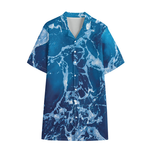 Blue Ocean Print Cotton Hawaiian Shirt