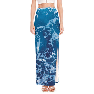 Blue Ocean Print High Slit Maxi Skirt