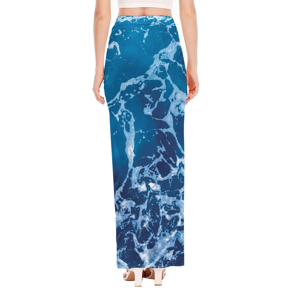 Blue Ocean Print High Slit Maxi Skirt