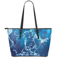Blue Ocean Print Leather Tote Bag With Zipper