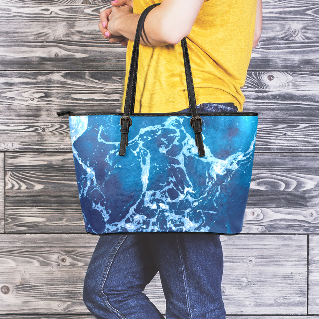 Blue Ocean Print Leather Tote Bag