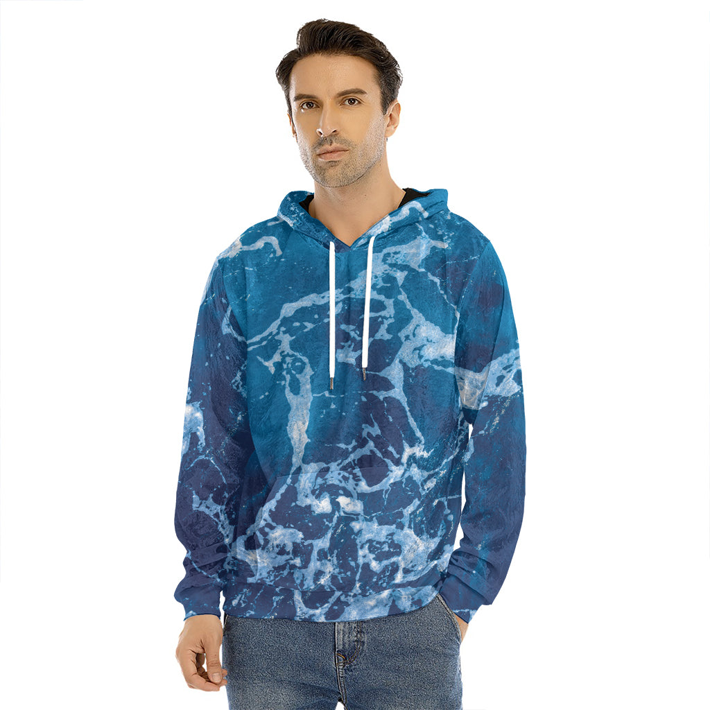 Blue Ocean Print Men's Velvet Pullover Hoodie