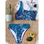 Blue Ocean Print One Shoulder Bikini Top