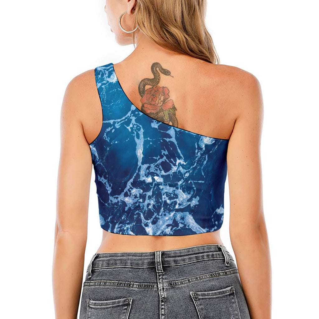 Blue Ocean Print One Shoulder Crop Top