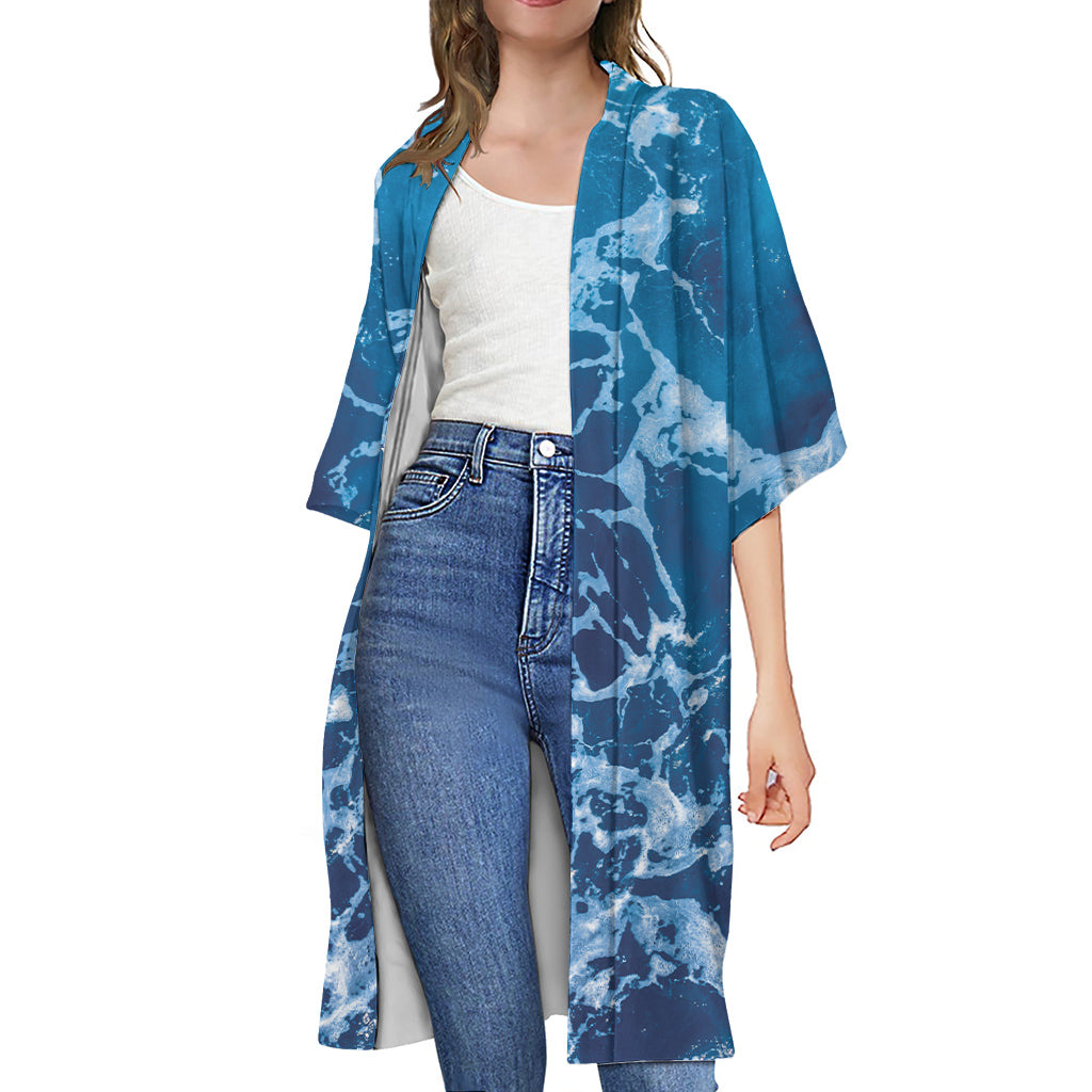 Blue Ocean Print Open Front Beach Cover Up