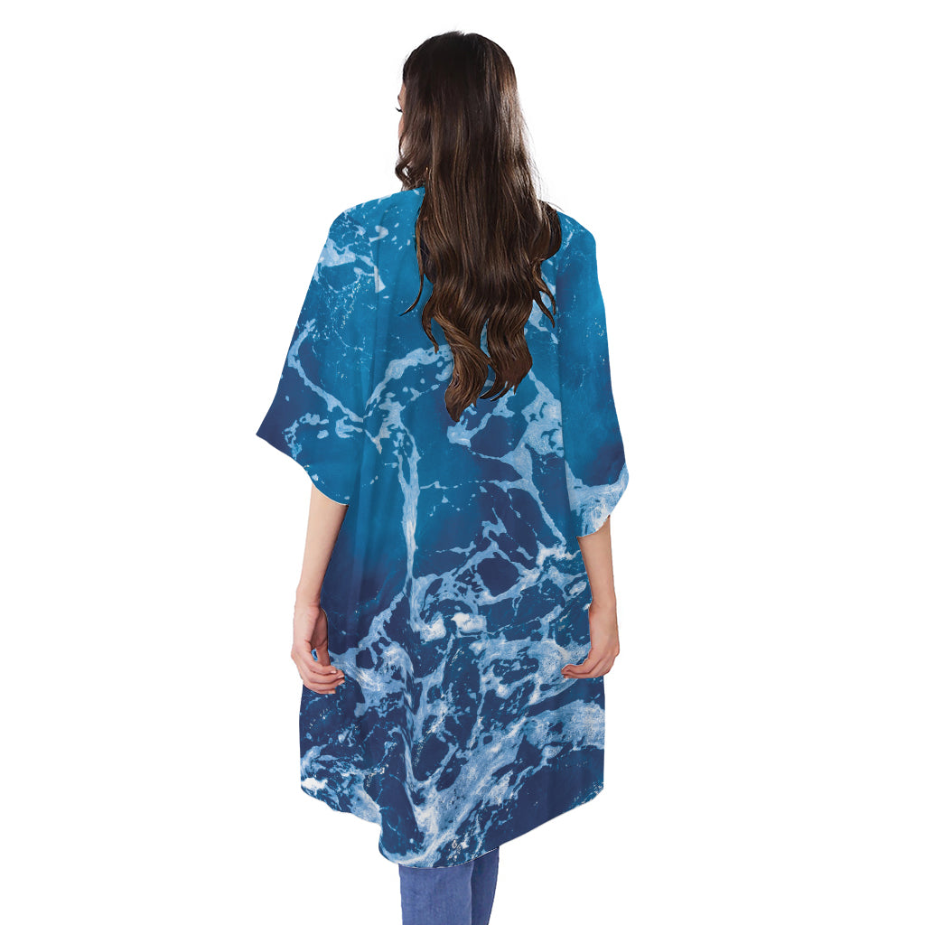 Blue Ocean Print Open Front Beach Cover Up