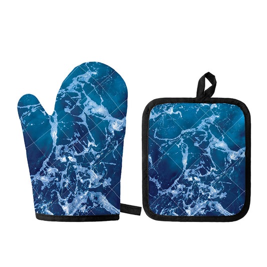 Blue Ocean Print Oven Mitt And Pot Holder Set