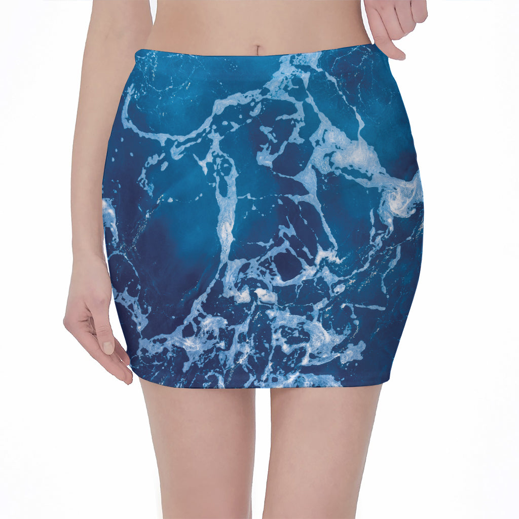 Blue Ocean Print Pencil Mini Skirt