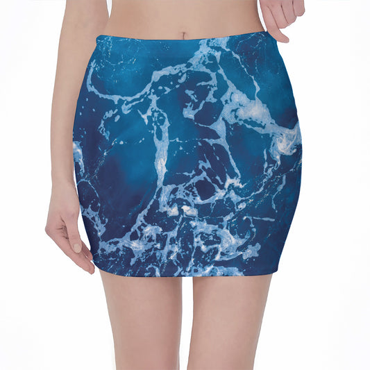 Blue Ocean Print Pencil Mini Skirt