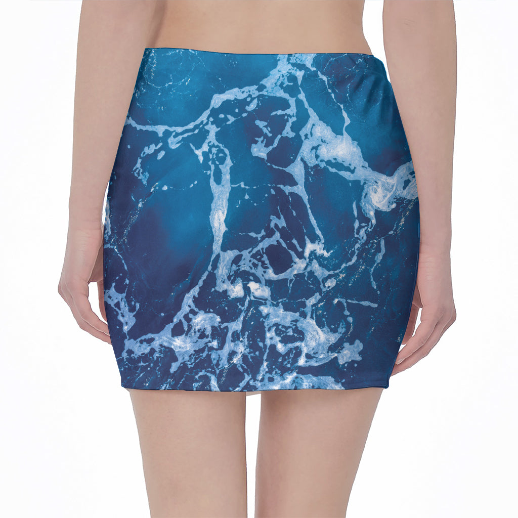 Blue Ocean Print Pencil Mini Skirt
