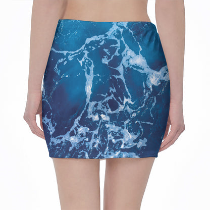 Blue Ocean Print Pencil Mini Skirt