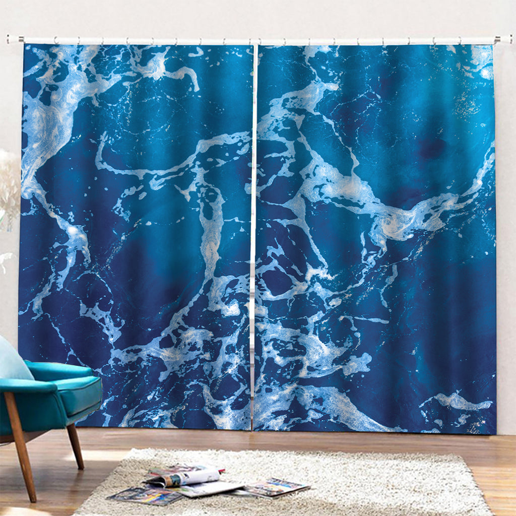 Blue Ocean Print Pencil Pleat Curtains