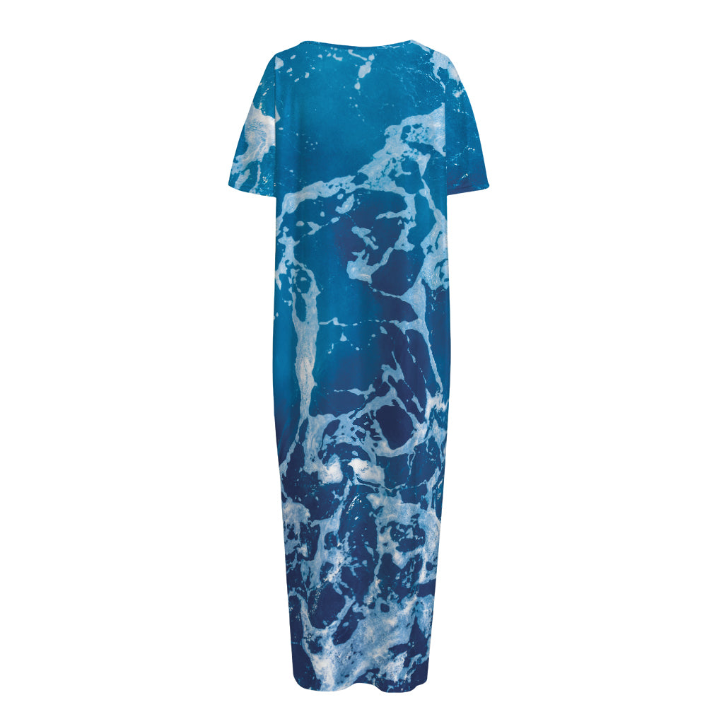 Blue Ocean Print Short Sleeve Long Nightdress