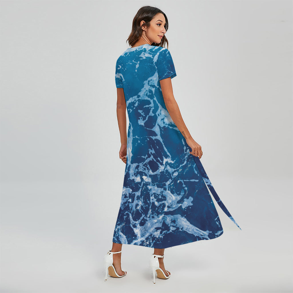 Blue Ocean Print Short Sleeve Maxi Dress