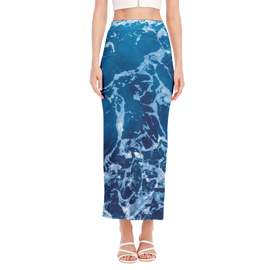 Blue Ocean Print Side Slit Maxi Skirt