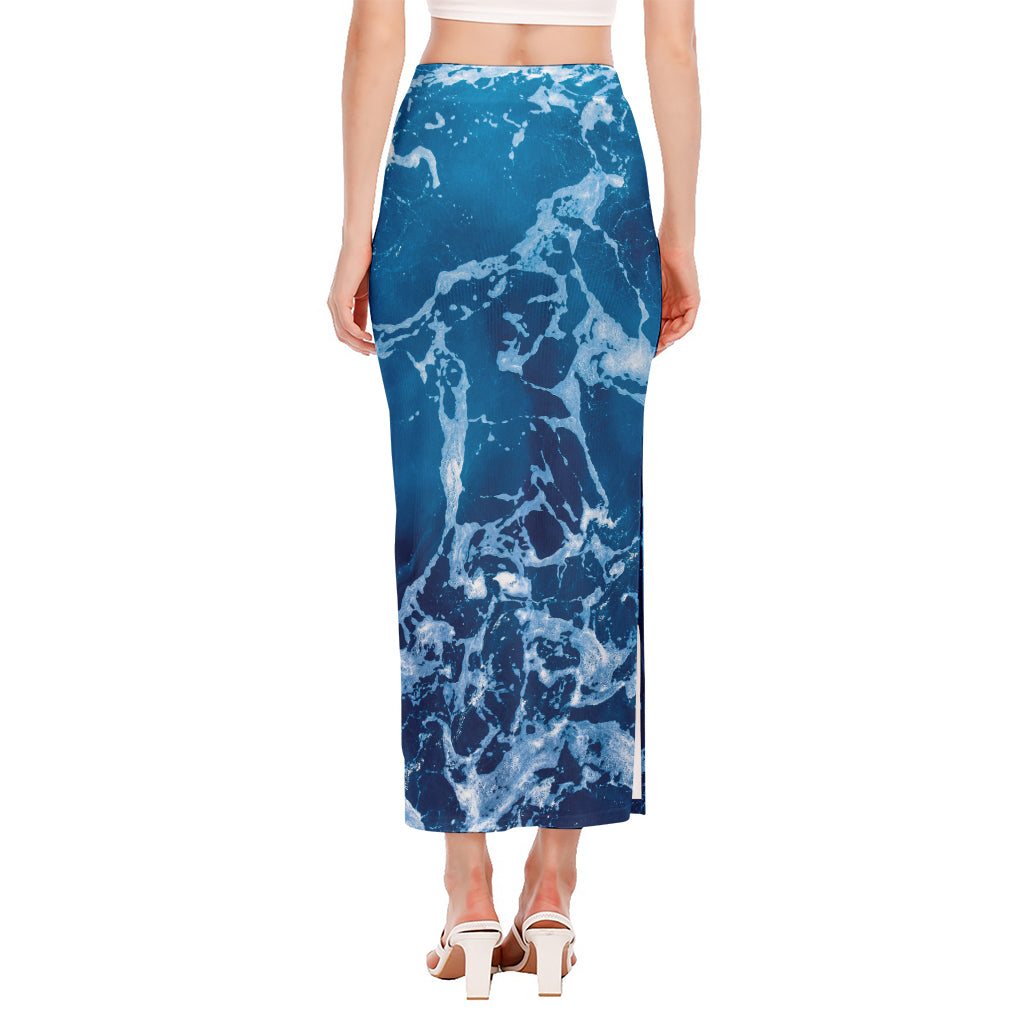 Blue Ocean Print Side Slit Maxi Skirt